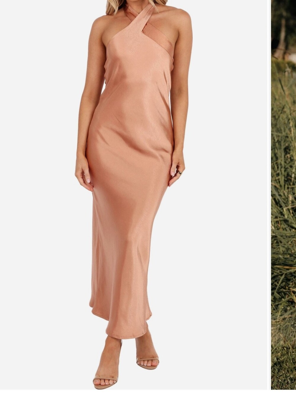 Petal & Pup Halter Top Satin Midi Dress in Bronze